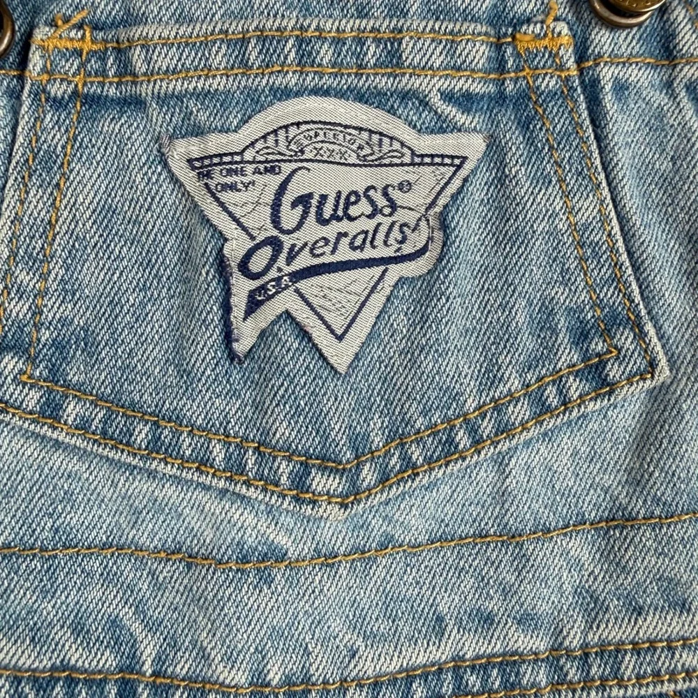 Vintage 90s Guess Baby 18M Denim Shortalls Overalls Triangle Logo Snap Crotch